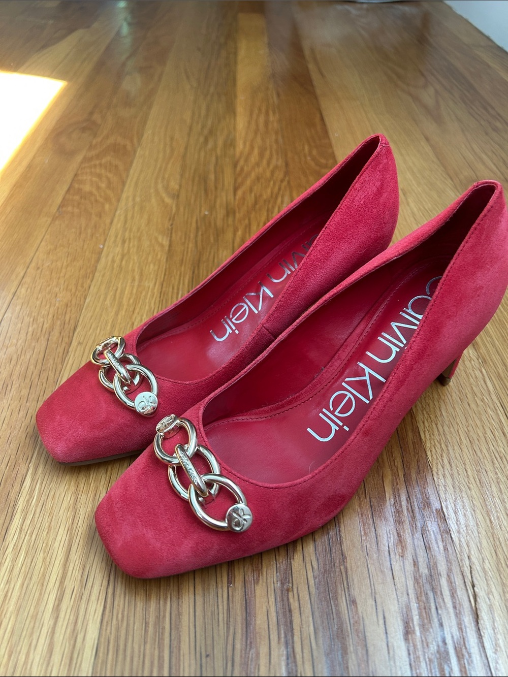 Calvin Klein Red Suede Chain-Accent Pumps